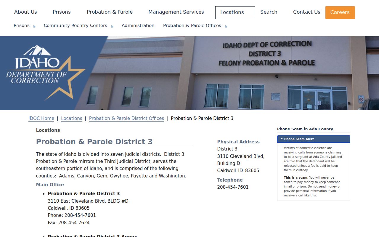 IDOC District 3 information serving Payette County probation and parole