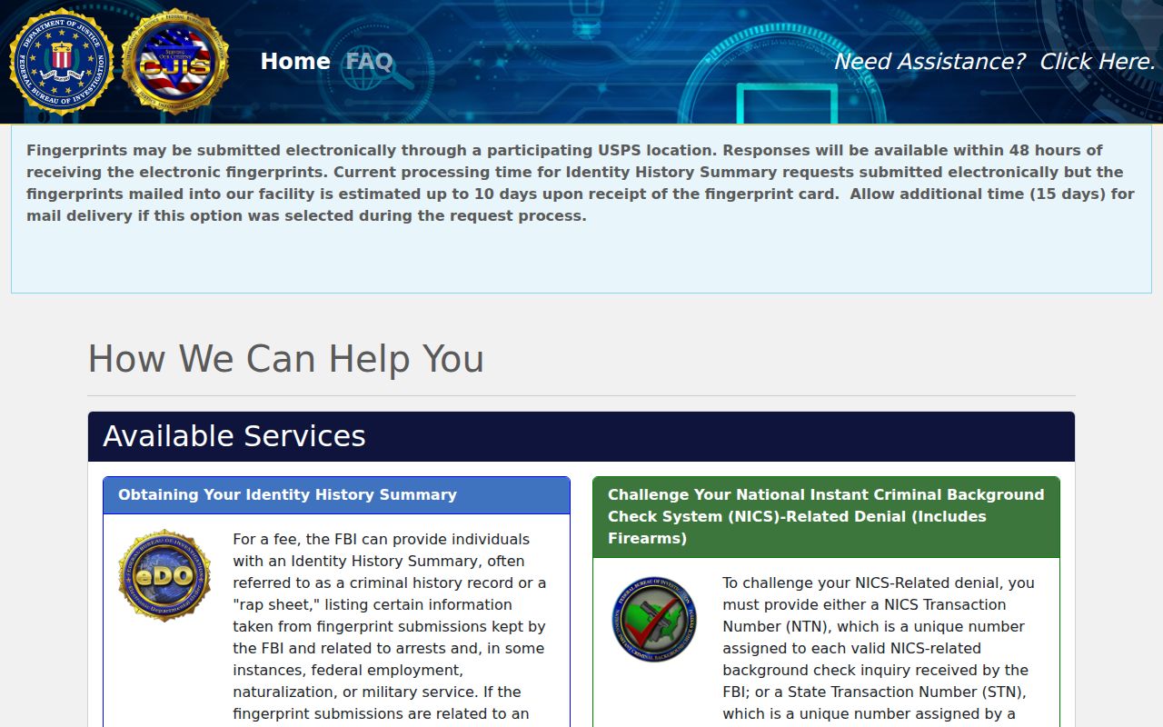 FBI identity history ordering for a person's own federal record