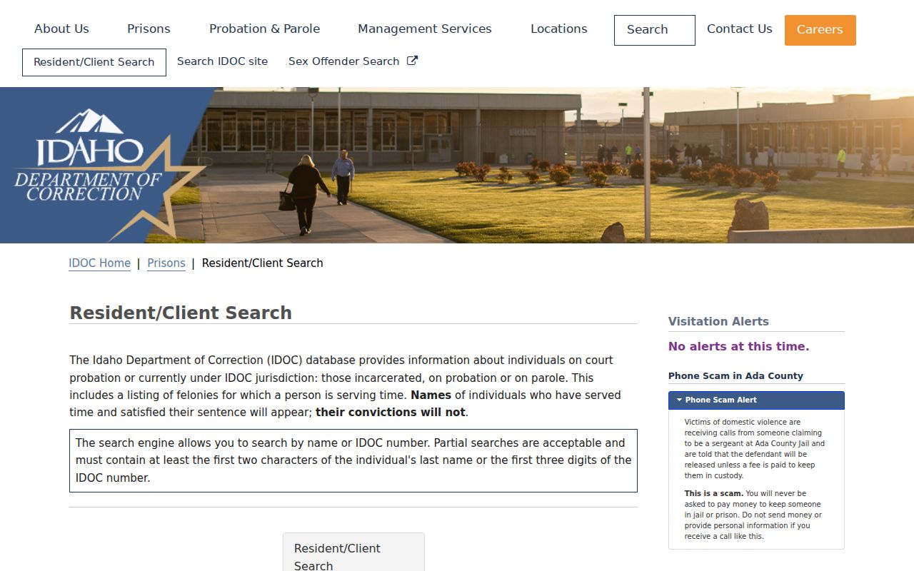 IDOC Resident and Client Search for Payette County custody records