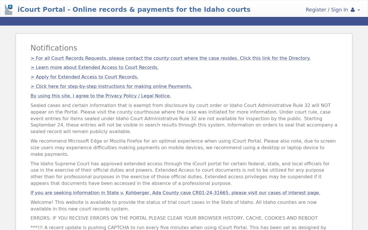Idaho iCourt search interface for Payette County criminal cases